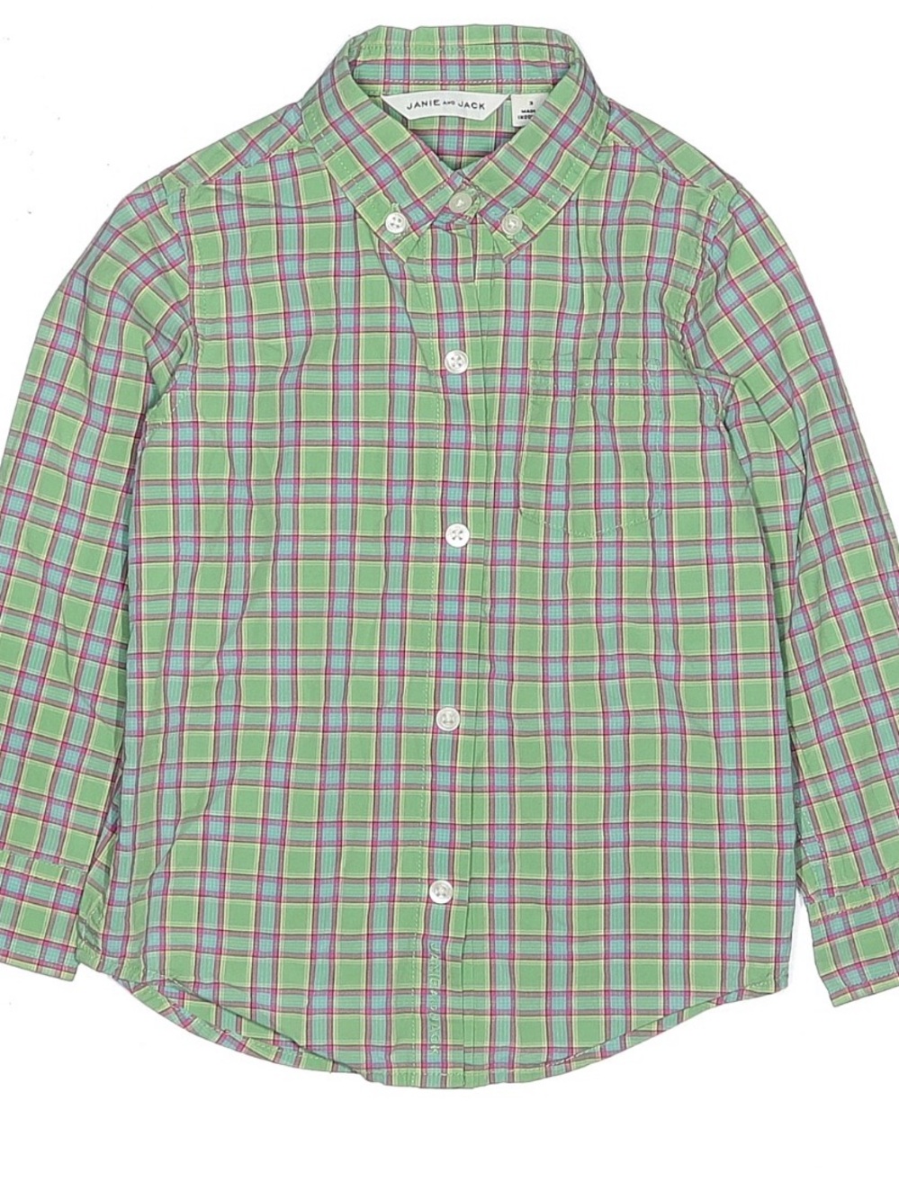 Janie and Jack Light Green Plaid Button-Down Shirt with Pink Accents